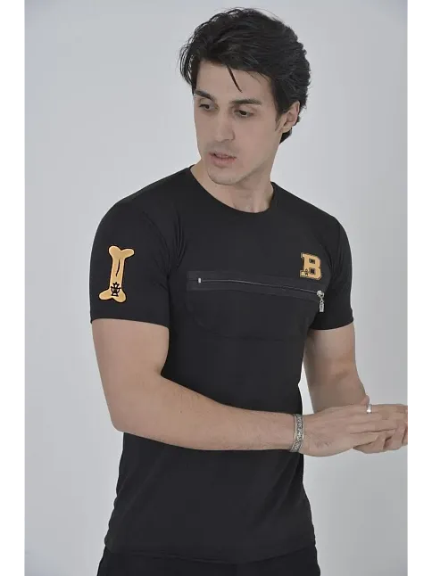 Erkek Baskılı T-shirt Kısa Kol Bisiklet Yaka Göğüs Fermuarlı Slimfit Tişört  - Siyah