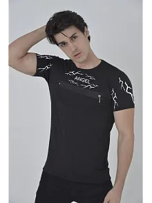 Erkek Baskılı T-shirt Kısa Kol Bisiklet Yaka Göğüs Fermuarlı Slimfit Tişört  - Siyah