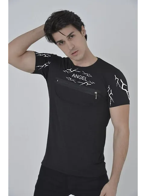Erkek Baskılı T-shirt Kısa Kol Bisiklet Yaka Göğüs Fermuarlı Slimfit Tişört  - Siyah