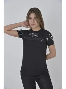 Kadın Baskılı T-shirt Kısa Kol Bisiklet Yaka Göğüs Fermuarlı Tişört - Siyah