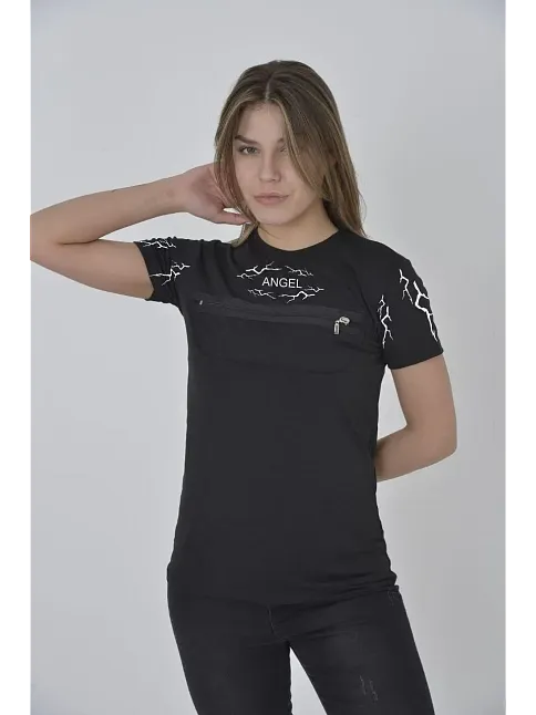 Kadın Baskılı T-shirt Kısa Kol Bisiklet Yaka Göğüs Fermuarlı Tişört - Siyah