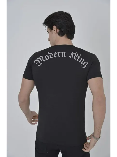 Erkek Göğüs File Aksesuarlı T-shirt - Siyah