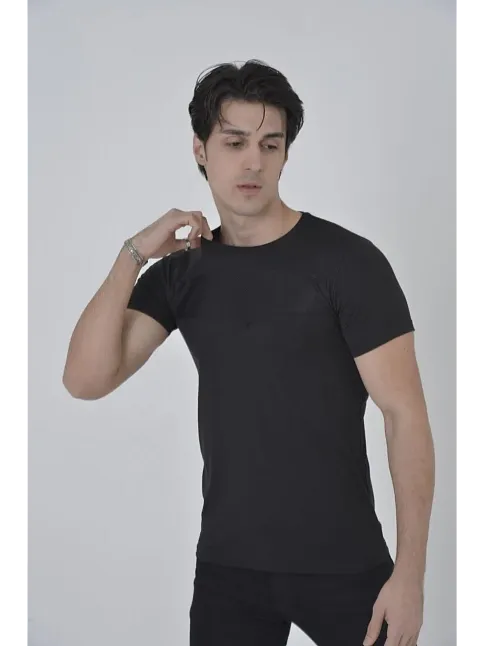 Erkek Göğüs File Aksesuarlı T-shirt - Siyah