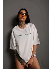 Kadın Bisiklet Yaka Baskılı  Kısa Kol T-shirt - Beyaz