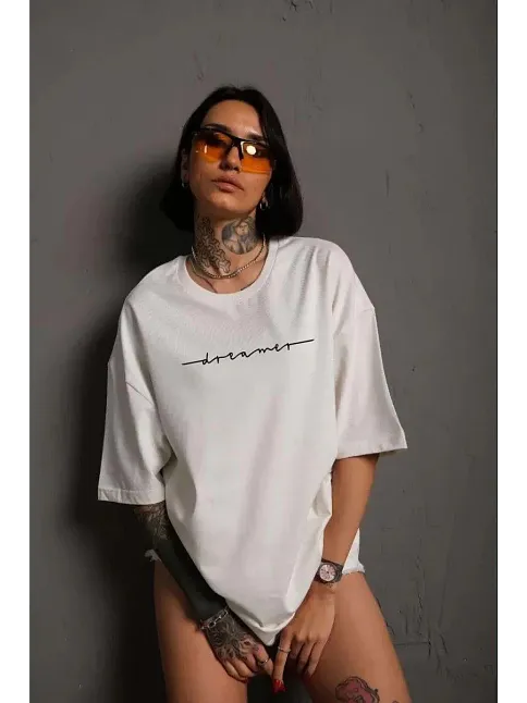 Kadın Bisiklet Yaka Baskılı  Kısa Kol T-shirt - Beyaz