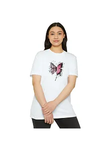 Kadın Bisiklet Yaka Kelebek Baskılı Kısa Kol  T-shirt - Beyaz