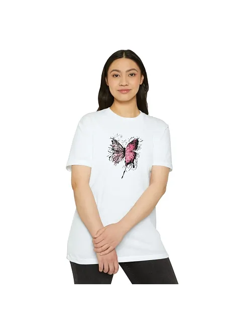 Kadın Bisiklet Yaka Kelebek Baskılı Kısa Kol  T-shirt - Beyaz