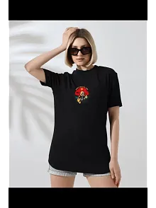 Kadın Bisiklet Yaka Baskılı  Kısa Kol T-shirt - Siyah