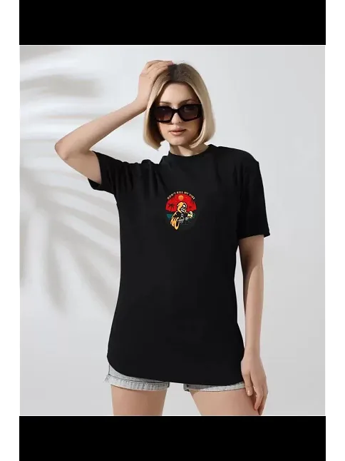 Kadın Bisiklet Yaka Baskılı  Kısa Kol T-shirt - Siyah