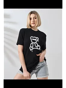 Kadın Bisiklet Yaka Baskılı  Kısa Kol T-shirt - Siyah