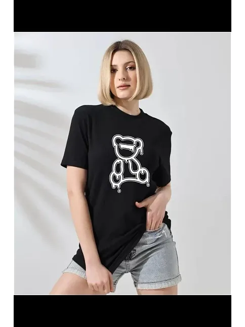 Kadın Bisiklet Yaka Baskılı  Kısa Kol T-shirt - Siyah