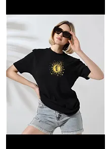 Kadın Bisiklet Yaka Baskılı  Kısa Kol T-shirt - Siyah