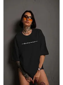 Kadın Bisiklet Yaka Baskılı Kısa Kol T-shirt - Siyah