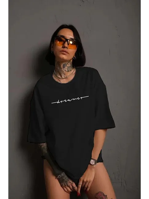 Kadın Bisiklet Yaka Baskılı Kısa Kol T-shirt - Siyah