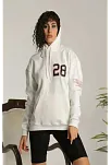 Kadın Oversize Kapüşonlu Cepli Baskılı 3 İplik Pamuklu Hoodie Sweatshirt - Beyaz