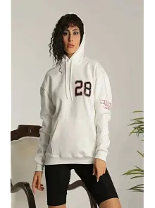 Kadın Oversize Kapüşonlu Cepli Baskılı 3 İplik Pamuklu Hoodie Sweatshirt - Beyaz