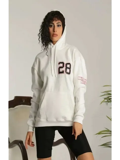 Kadın Oversize Kapüşonlu Cepli Baskılı 3 İplik Pamuklu Hoodie Sweatshirt - Beyaz