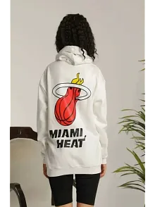 Kadın Oversize Kapüşonlu Cepli Baskılı 3 İplik Pamuklu Hoodie Sweatshirt - Beyaz