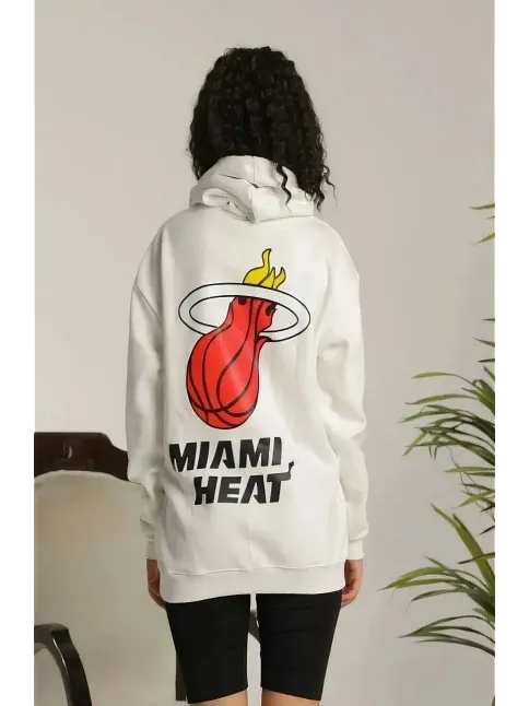 Kadın Oversize Kapüşonlu Cepli Baskılı 3 İplik Pamuklu Hoodie Sweatshirt - Beyaz