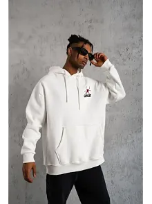 Erkek 3 İplik Pamuklu Kapüşonlu Baskılı Cepli Oversize Sweatshirt Hoodie - Beyaz