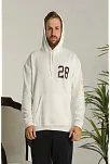 Erkek 3 İplik Pamuklu Kapüşonlu Baskılı Cepli Oversize Sweatshirt Hoodie - Beyaz