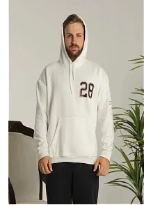 Erkek 3 İplik Pamuklu Kapüşonlu Baskılı Cepli Oversize Sweatshirt Hoodie - Beyaz