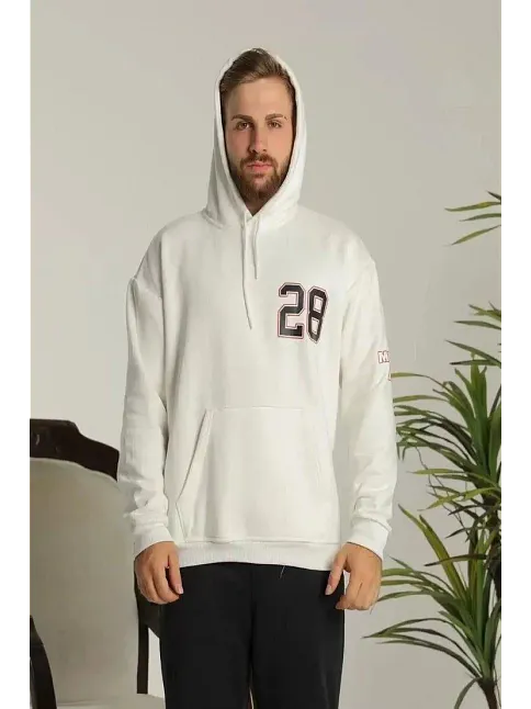 Erkek 3 İplik Pamuklu Kapüşonlu Baskılı Cepli Oversize Sweatshirt Hoodie - Beyaz