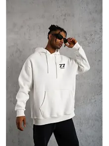 Erkek 3 İplik Pamuklu Kapüşonlu Baskılı Cepli Oversize Sweatshirt Hoodie - Beyaz