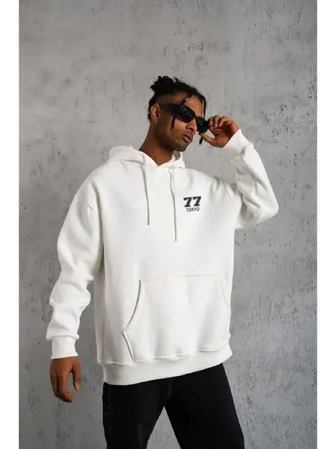 Erkek 3 İplik Pamuklu Kapüşonlu Baskılı Cepli Oversize Sweatshirt Hoodie - Beyaz