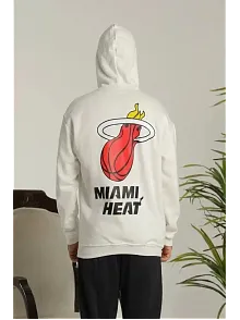 Erkek 3 İplik Pamuklu Kapüşonlu Baskılı Cepli Oversize Sweatshirt Hoodie - Beyaz
