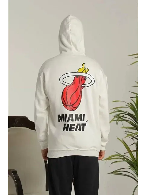 Erkek 3 İplik Pamuklu Kapüşonlu Baskılı Cepli Oversize Sweatshirt Hoodie - Beyaz
