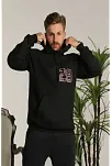 Erkek 3 İplik Pamuklu Kapüşonlu Baskılı Cepli Oversize Sweatshirt Hoodie - Siyah