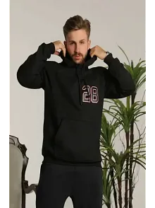 Erkek 3 İplik Pamuklu Kapüşonlu Baskılı Cepli Oversize Sweatshirt Hoodie - Siyah