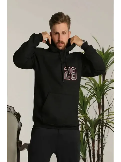 Erkek 3 İplik Pamuklu Kapüşonlu Baskılı Cepli Oversize Sweatshirt Hoodie - Siyah