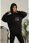 Kadın Oversize Kapüşonlu Cepli Baskılı 3 İplik Pamuklu Hoodie Sweatshirt - Siyah