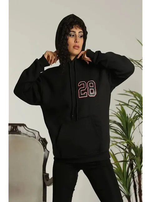 Kadın Oversize Kapüşonlu Cepli Baskılı 3 İplik Pamuklu Hoodie Sweatshirt - Siyah