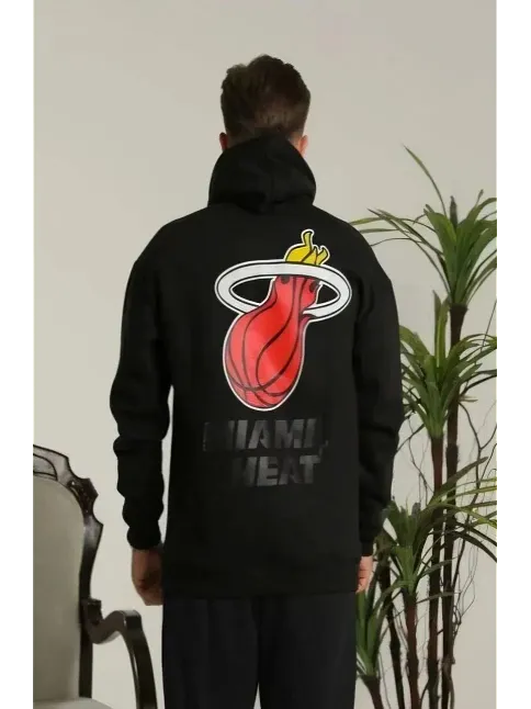 Erkek 3 İplik Pamuklu Kapüşonlu Baskılı Cepli Oversize Sweatshirt Hoodie - Siyah
