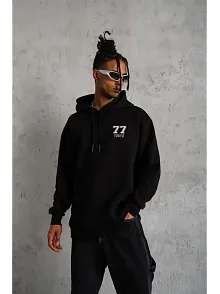 Erkek 3 İplik Pamuklu Kapüşonlu Baskılı Cepli Oversize Sweatshirt Hoodie - Siyah