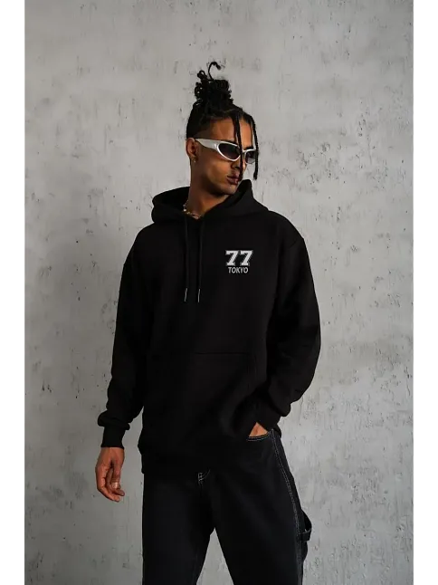 Erkek 3 İplik Pamuklu Kapüşonlu Baskılı Cepli Oversize Sweatshirt Hoodie - Siyah