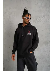 Erkek 3 İplik Pamuklu Kapüşonlu Baskılı Cepli Oversize Sweatshirt Hoodie - Siyah