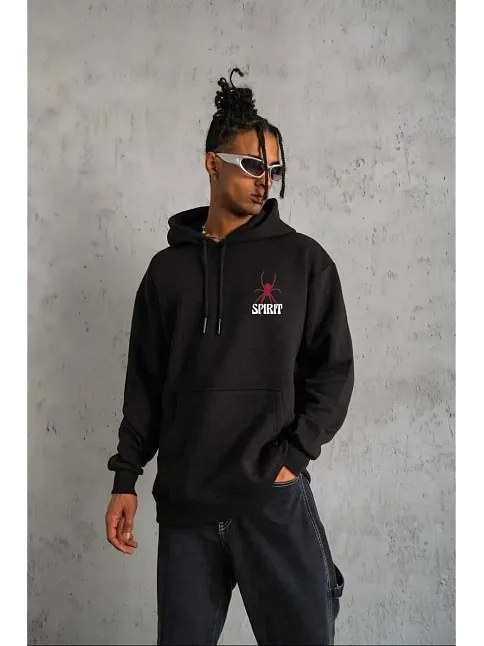 Erkek 3 İplik Pamuklu Kapüşonlu Baskılı Cepli Oversize Sweatshirt Hoodie - Siyah