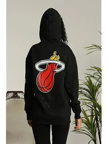 Kadın Oversize Kapüşonlu Cepli Baskılı 3 İplik Pamuklu Hoodie Sweatshirt - Siyah