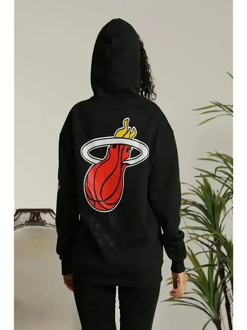 Kadın Oversize Kapüşonlu Cepli Baskılı 3 İplik Pamuklu Hoodie Sweatshirt - Siyah