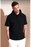 Erkek Kapüşonlu Tişört Kısa Kol Düz Oversize T-shirt - Siyah