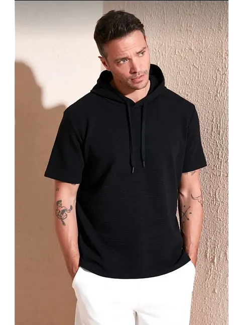 Erkek Kapüşonlu Tişört Kısa Kol Düz Oversize T-shirt - Siyah
