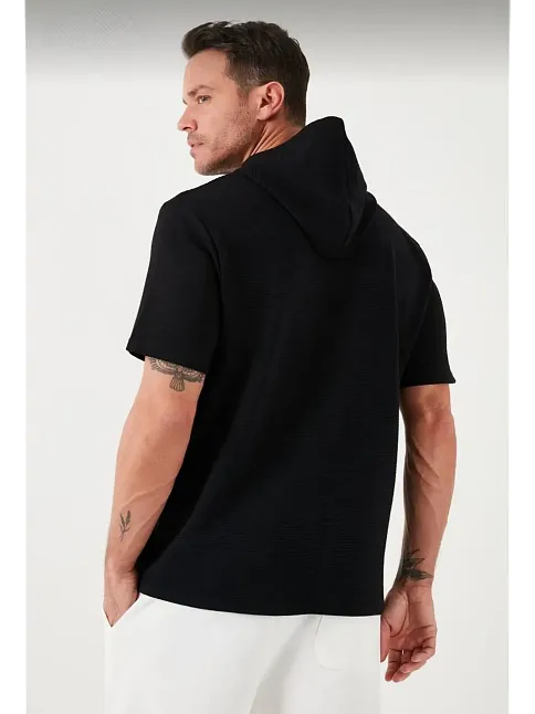 Erkek Kapüşonlu Tişört Kısa Kol Düz Oversize T-shirt - Siyah
