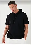 Erkek Kapüşonlu Tişört Kısa Kol Düz Oversize T-shirt - Siyah