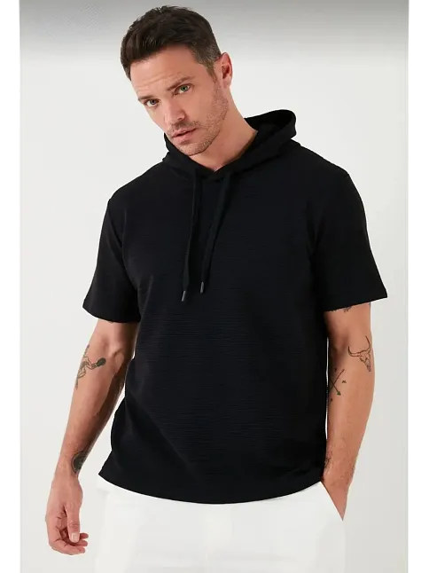 Erkek Kapüşonlu Tişört Kısa Kol Düz Oversize T-shirt - Siyah