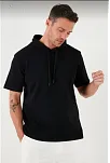 Erkek Kapüşonlu Tişört Kısa Kol Düz Oversize T-shirt - Siyah