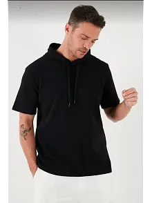 Erkek Kapüşonlu Tişört Kısa Kol Düz Oversize T-shirt - Siyah
